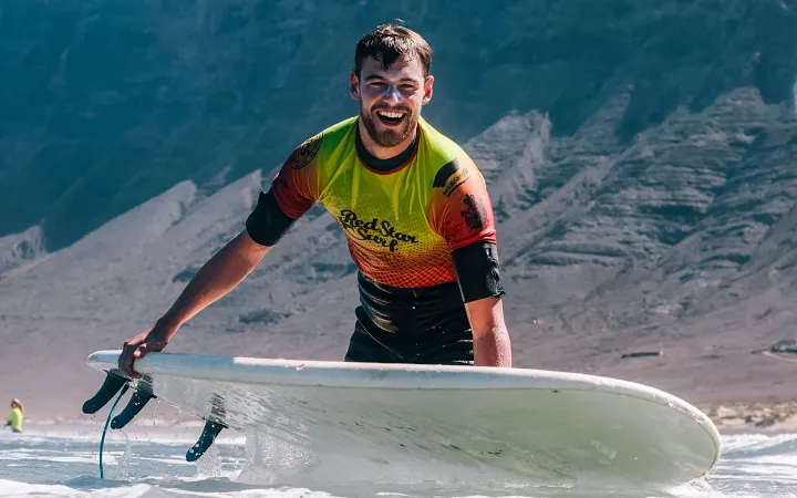 Usměvavý surfař nese prkno po soukromé lekci surfu ve Famaře, Lanzarote