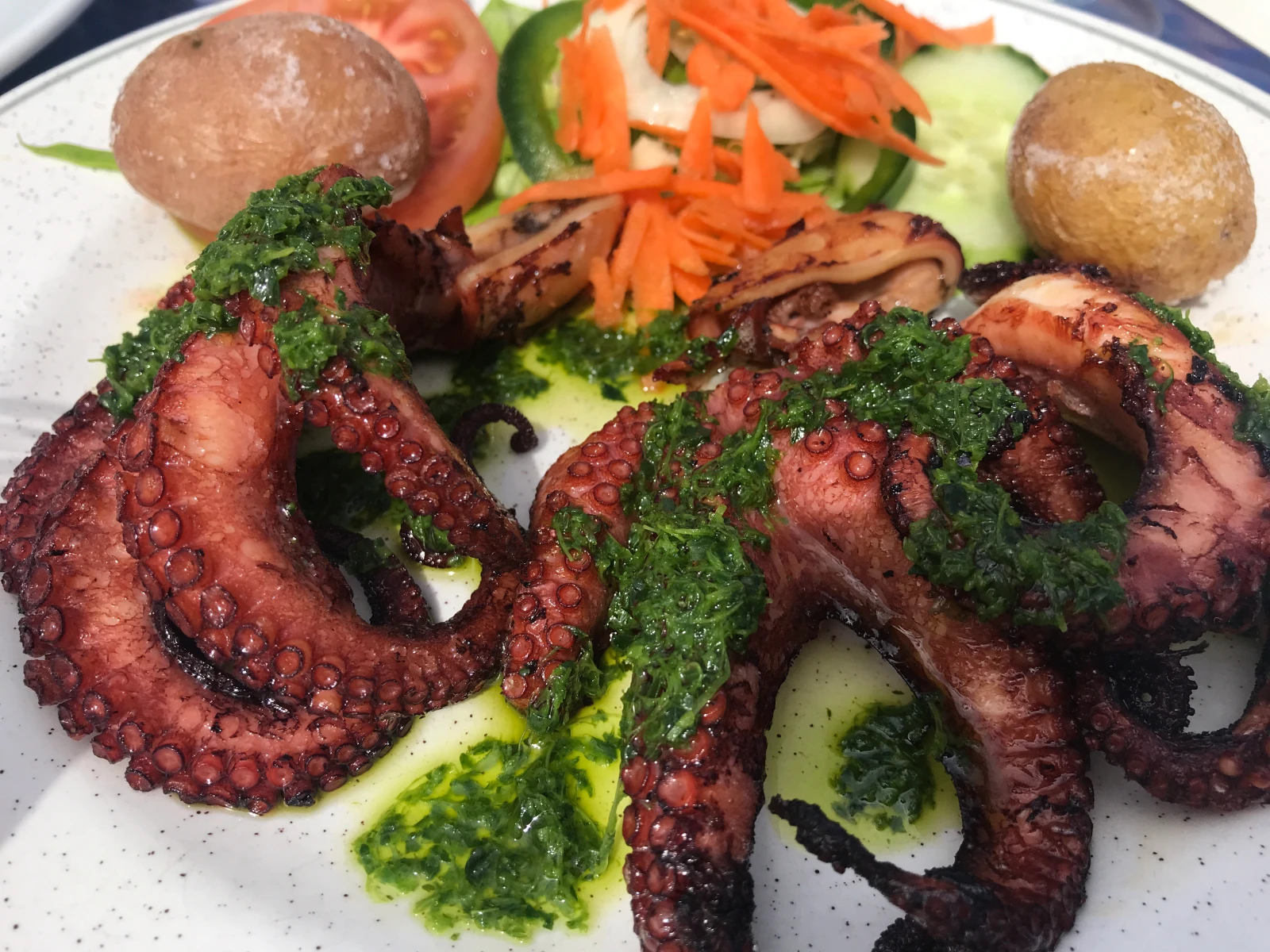 Pulpo a la plancha with mojo verde and Canarian potatoes