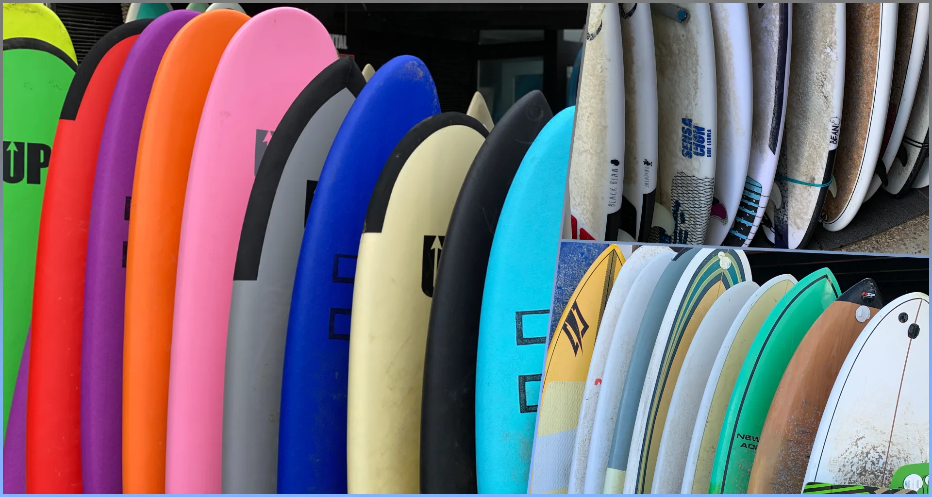 Surfboards of every size on the racks at Red Star Surf shop in Famara, Lanzarote